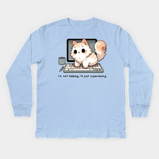 Cat Supervisor Overseeing Computer Work Kids Long Sleeve T-Shirt